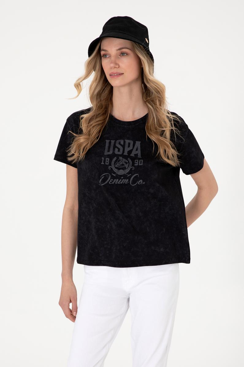 Kadın Siyah Yıkamalı Bisiklet Yaka Tişört