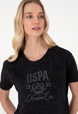 Kadın Siyah Yıkamalı Bisiklet Yaka Tişört - 50312955006