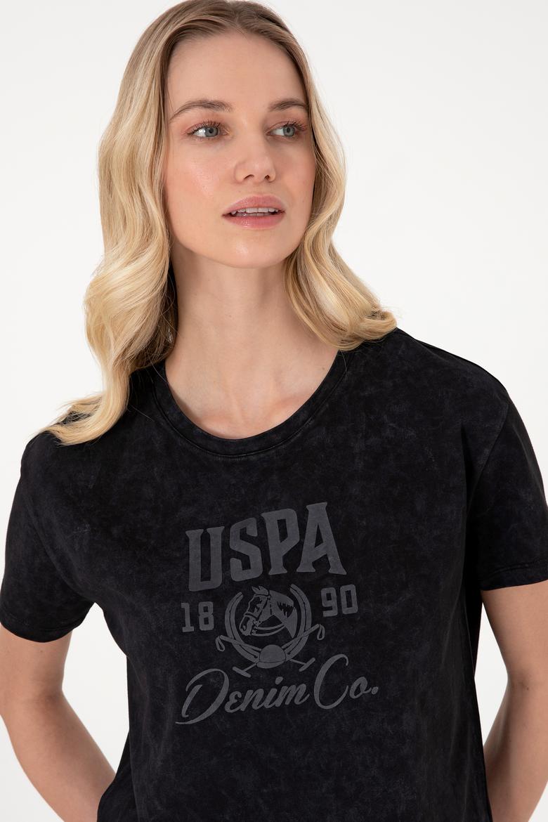 Kadın Siyah Yıkamalı Bisiklet Yaka Tişört - 50312955006