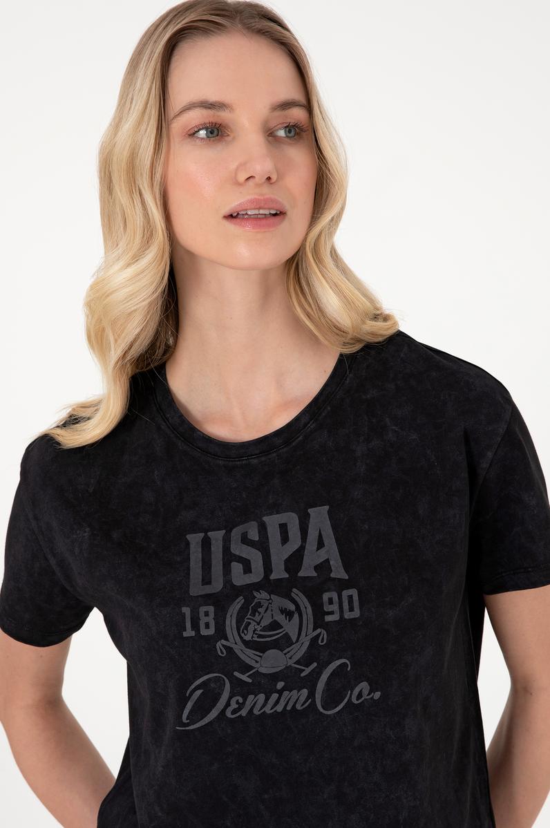 Kadın Siyah Yıkamalı Bisiklet Yaka Tişört