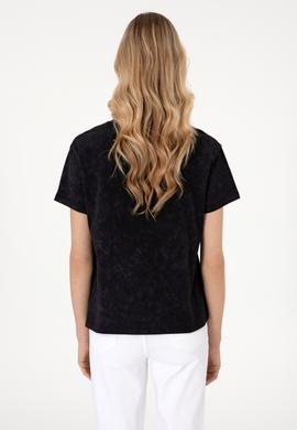 Kadın Siyah Yıkamalı Bisiklet Yaka Tişört - 50312955006