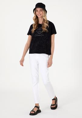 Kadın Siyah Yıkamalı Bisiklet Yaka Tişört - 50312955006