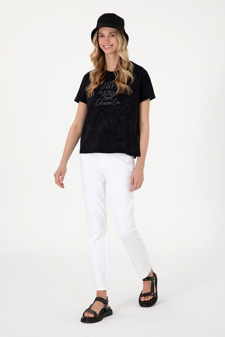 Kadın Siyah Yıkamalı Bisiklet Yaka Tişört - 50312955006