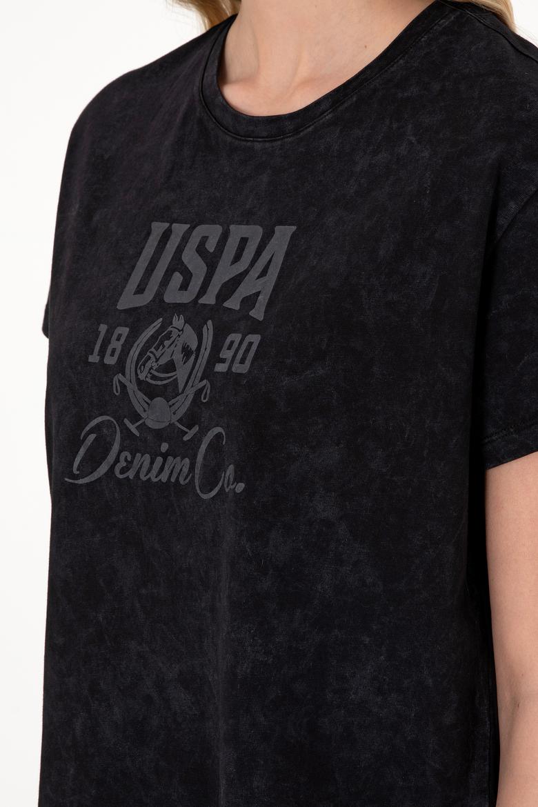 Kadın Siyah Yıkamalı Bisiklet Yaka Tişört - 50312955006