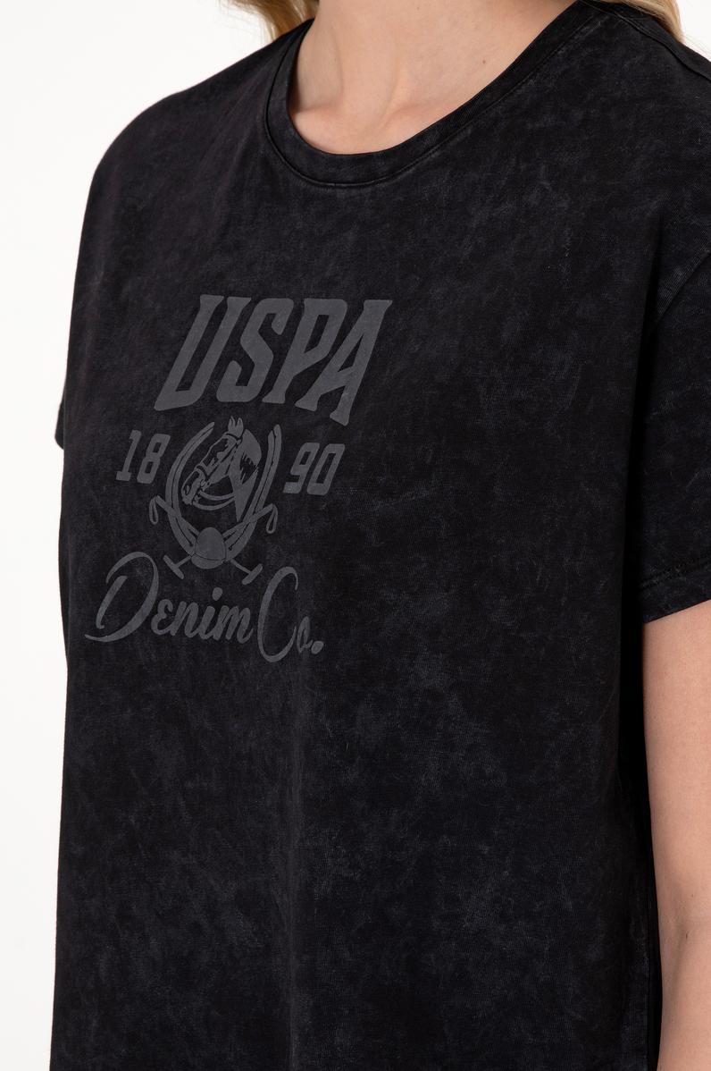 Kadın Siyah Yıkamalı Bisiklet Yaka Tişört