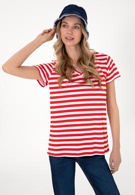 Kadın Kırmızı Çizgili V Yaka Tişört - 50305902007