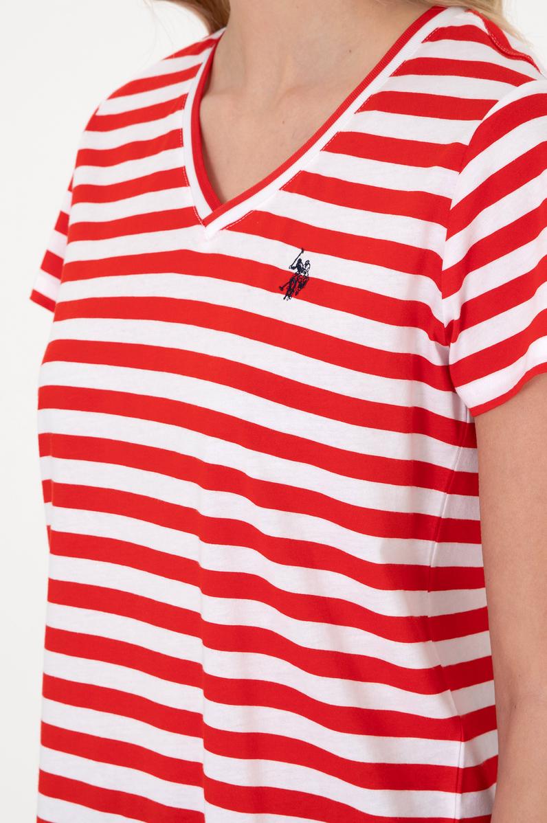Kadın Kırmızı Çizgili V Yaka Tişört