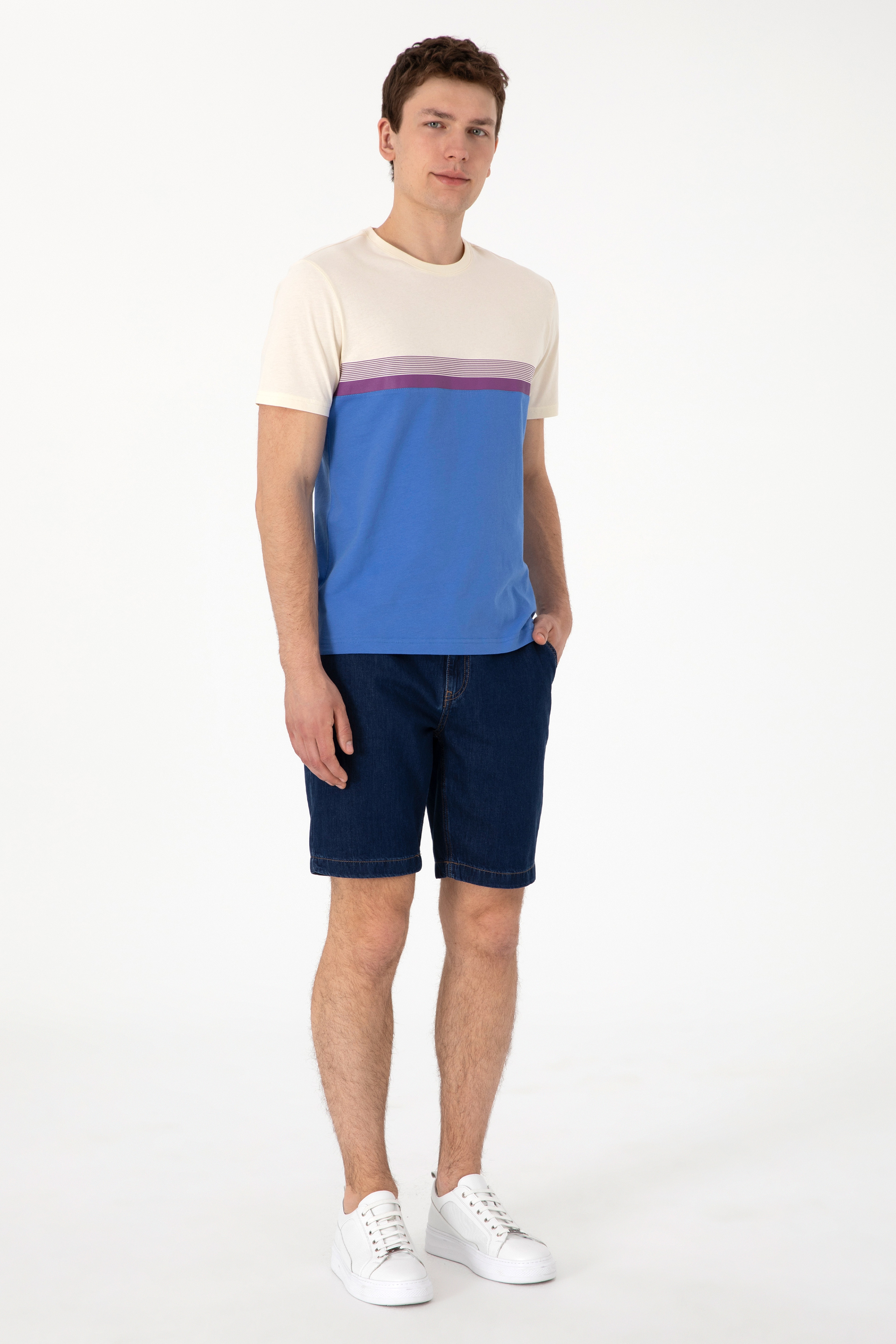 Erkek Regular Fit Bisiklet Yaka İndigo Tişört - Image 4