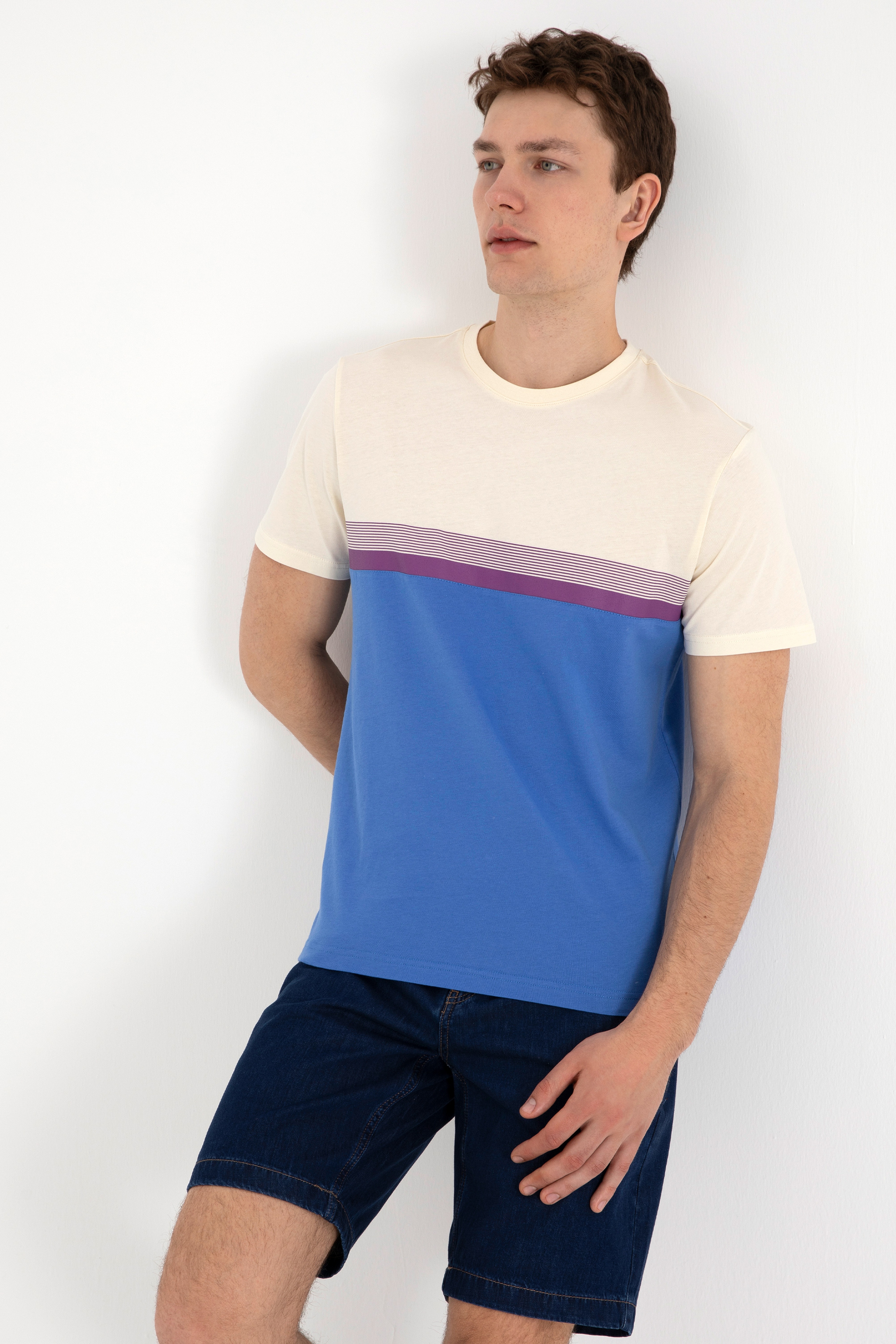 Erkek Regular Fit Bisiklet Yaka İndigo Tişört - Image 3