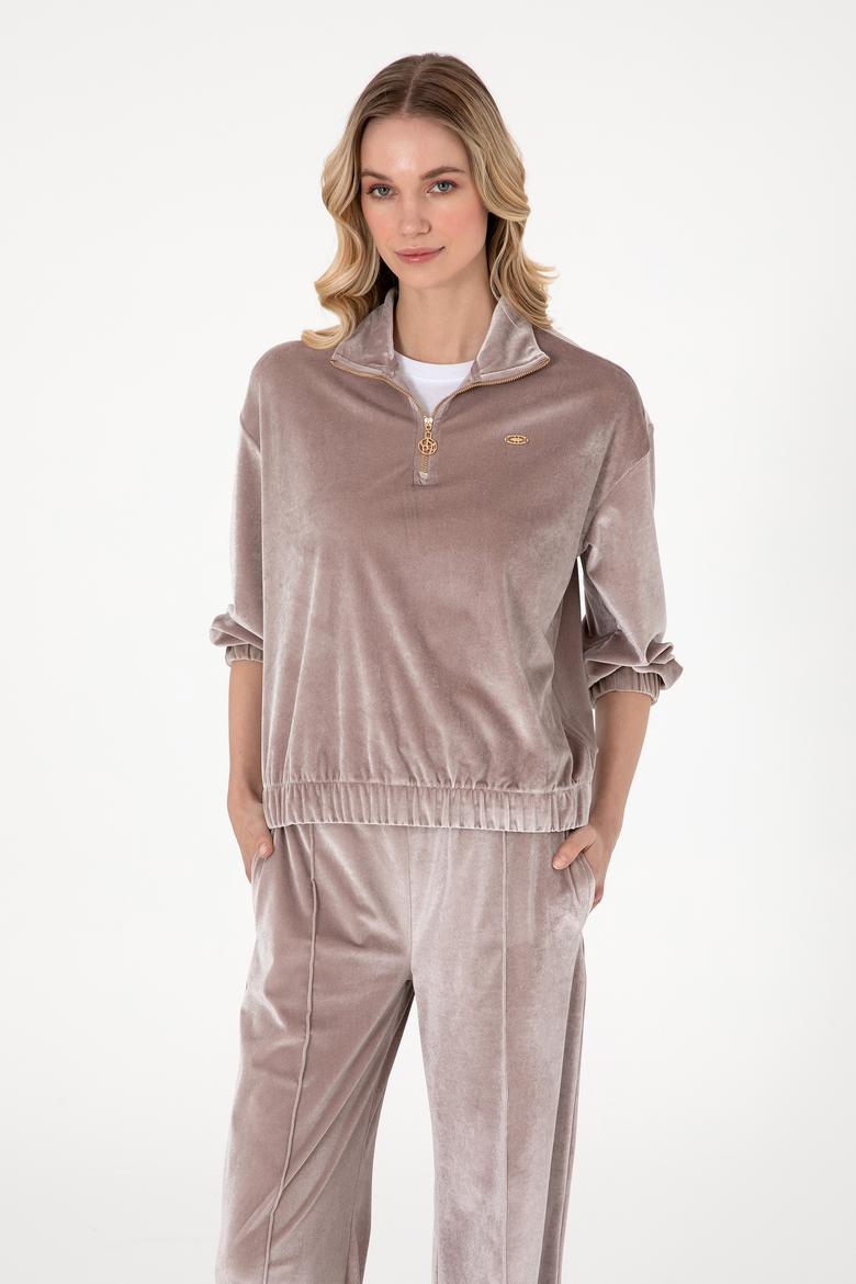 Kadın Taş Fermuarlı Dik Yaka Sweatshirt