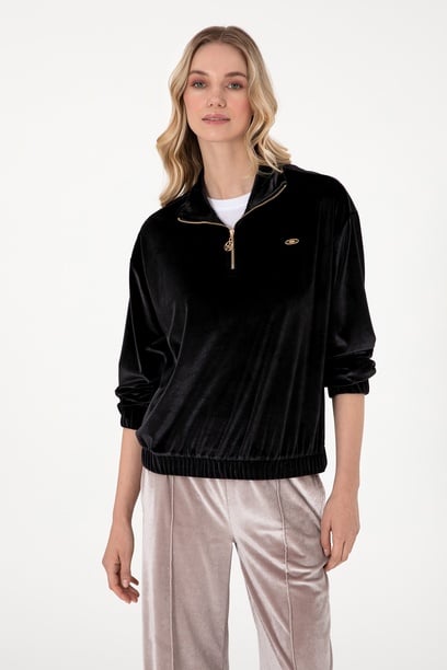 Kadın Siyah Fermuarlı Dik Yaka Sweatshirt
