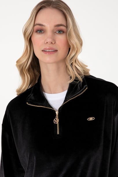 Kadın Siyah Fermuarlı Dik Yaka Sweatshirt