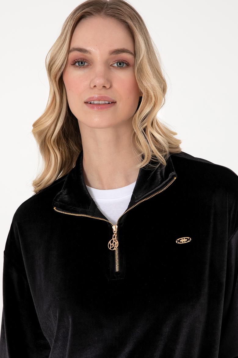 Kadın Siyah Fermuarlı Dik Yaka Sweatshirt - 50292400027