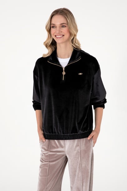 Kadın Siyah Fermuarlı Dik Yaka Sweatshirt