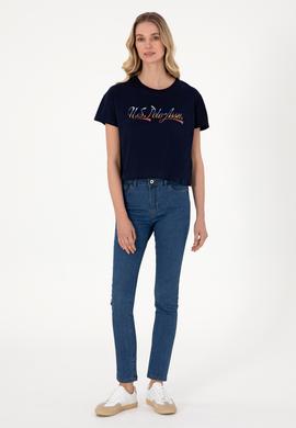 Kadın Lacivert Bisiklet Yaka Tişört - 50299735016