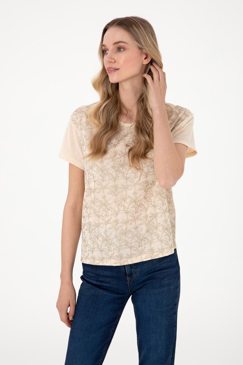 Kadın Bej Desenli Bisiklet Yaka Tişört - 50300772030