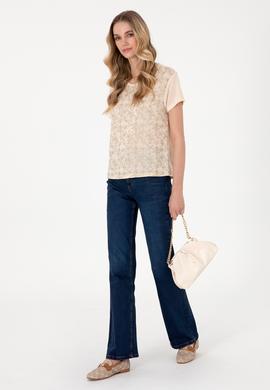 Kadın Bej Desenli Bisiklet Yaka Tişört - 50300772030