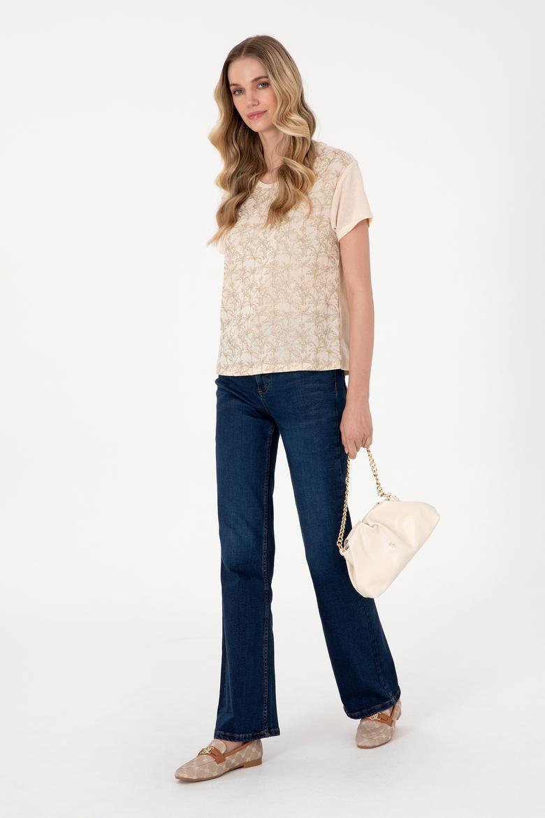 Kadın Bej Desenli Bisiklet Yaka Tişört - 50300772030