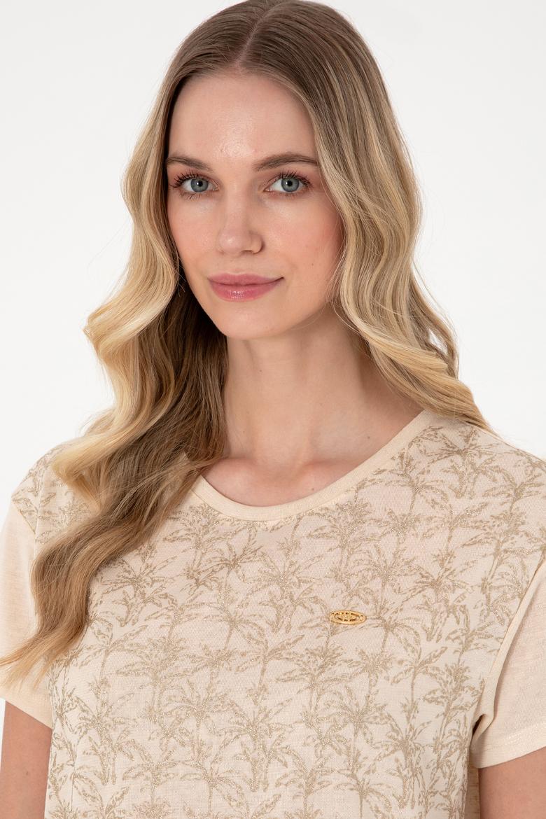 Kadın Bej Desenli Bisiklet Yaka Tişört - 50300772030