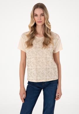 Kadın Bej Desenli Bisiklet Yaka Tişört - 50300772030