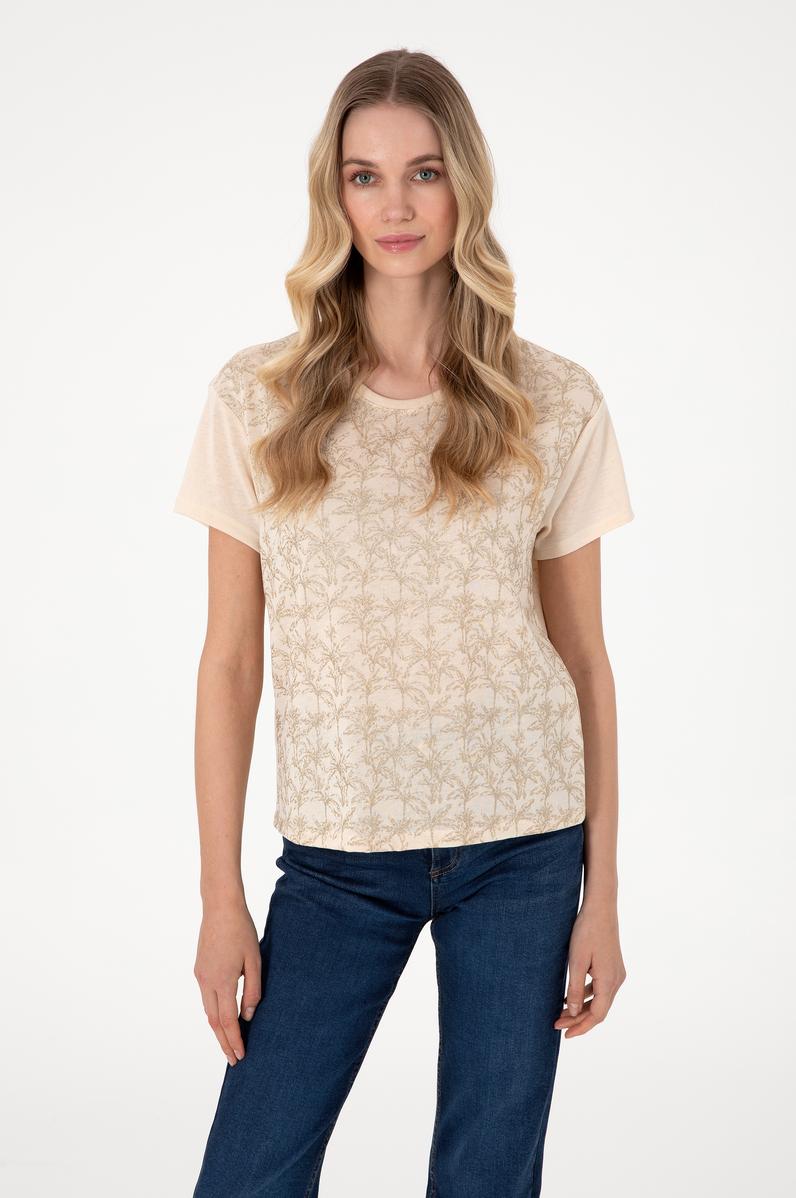 Kadın Bej Desenli Bisiklet Yaka Tişört