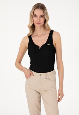 Kadın Siyah Kolsuz V Yaka Tişört - 50300670020