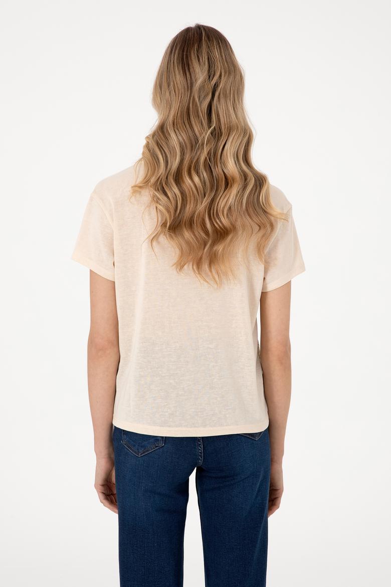 Kadın Bej Desenli Bisiklet Yaka Tişört - 50300772030