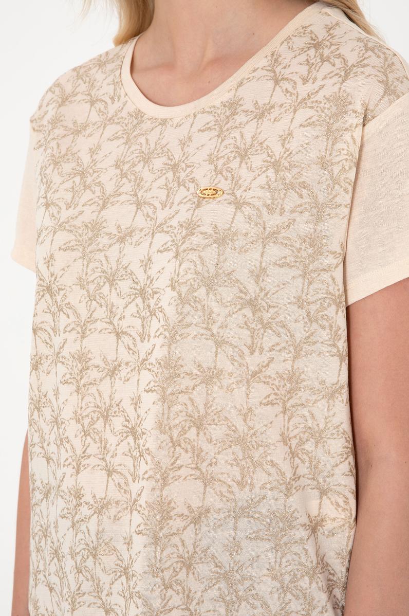 Kadın Bej Desenli Bisiklet Yaka Tişört