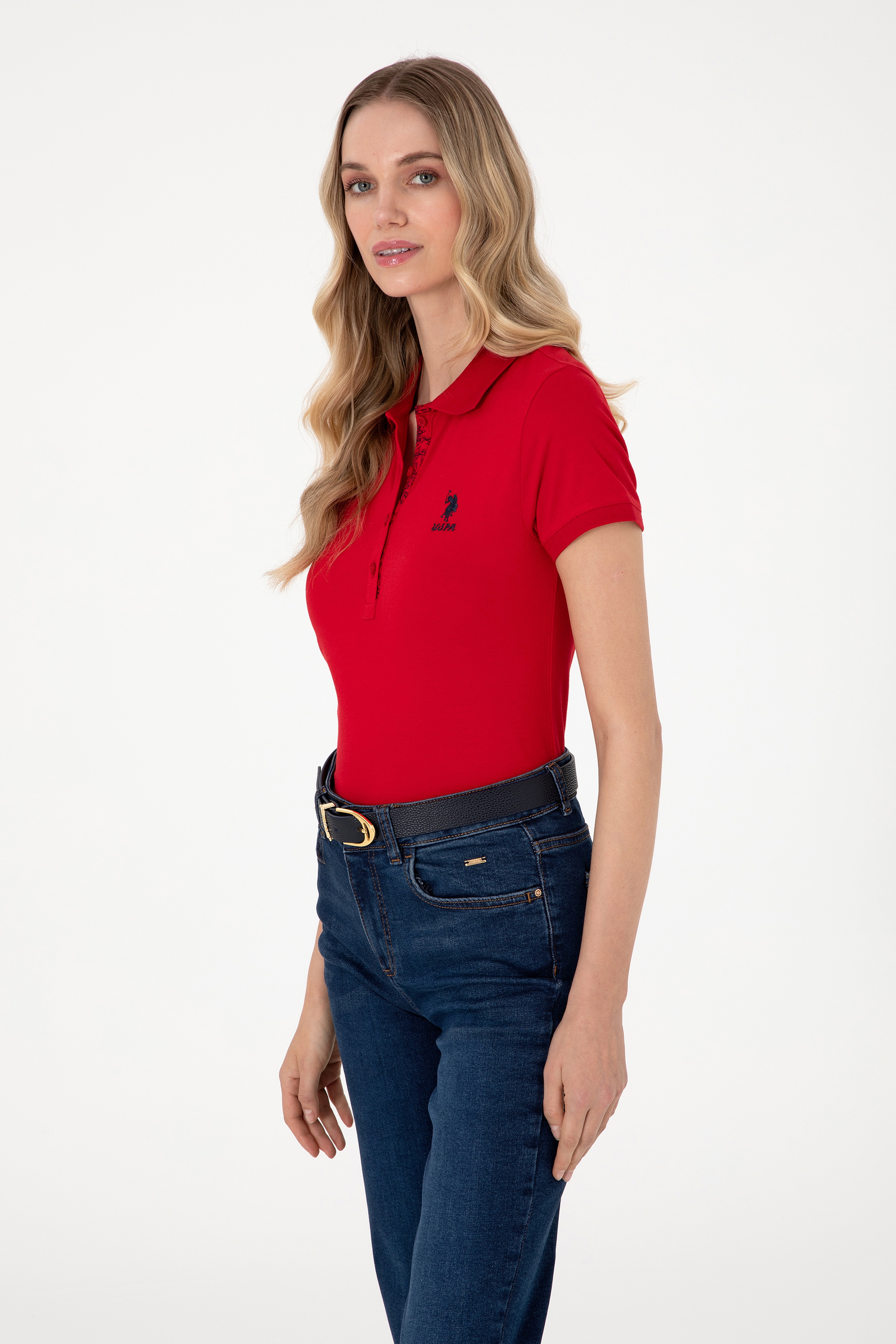 Kadın Kırmızı Basic Polo Yaka Tişört - Image 3