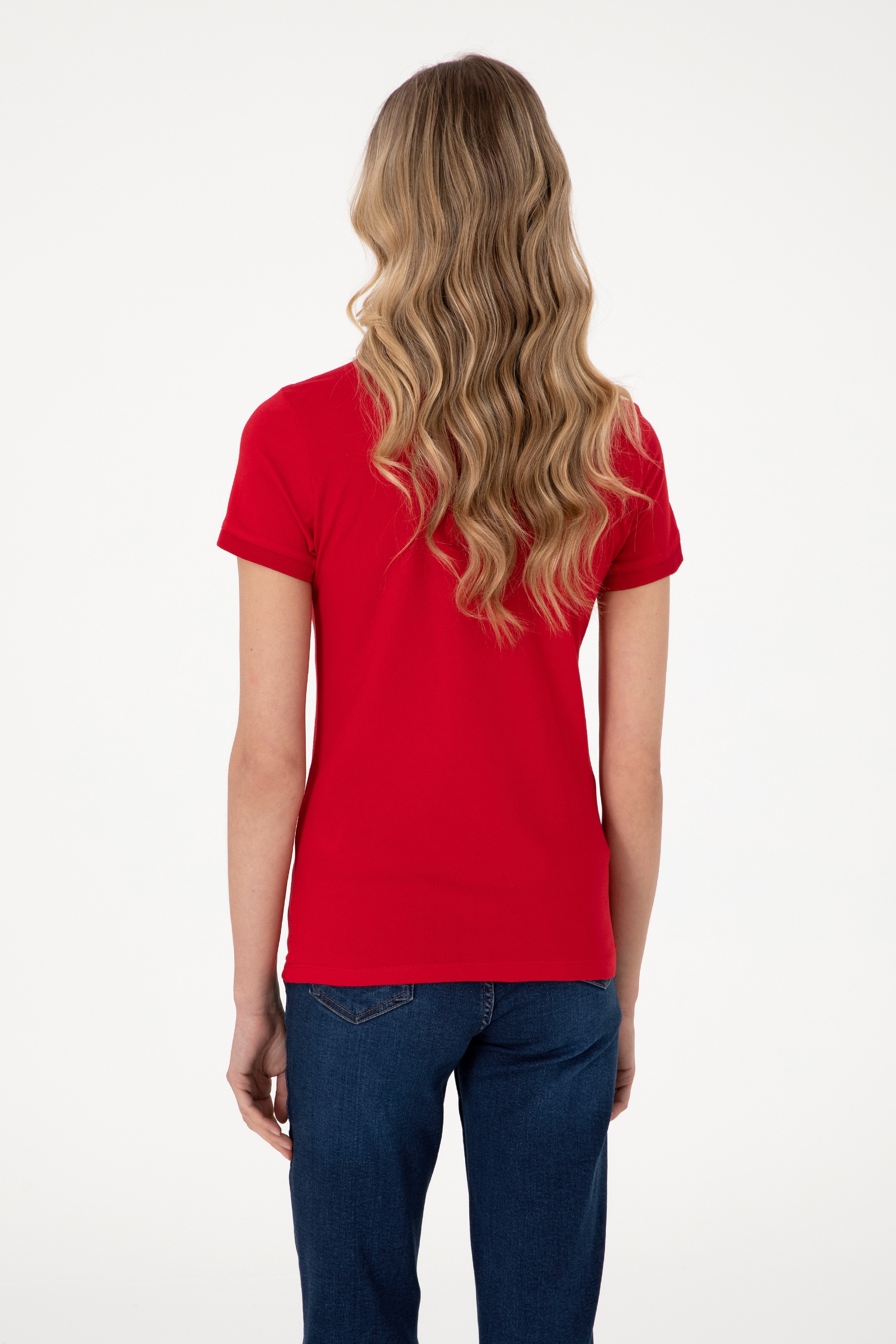 Kadın Kırmızı Basic Polo Yaka Tişört - Image 5