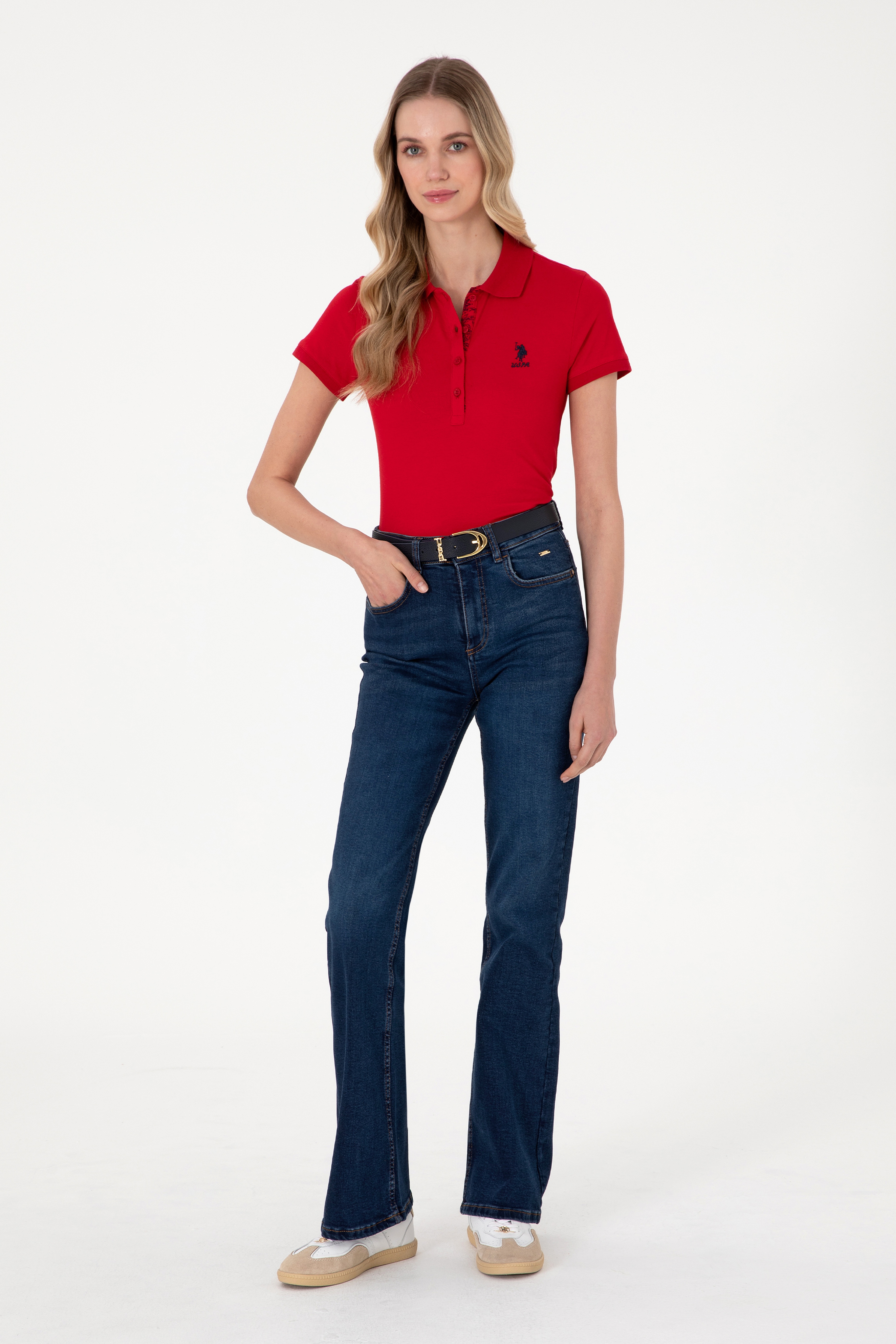Kadın Kırmızı Basic Polo Yaka Tişört - Image 4