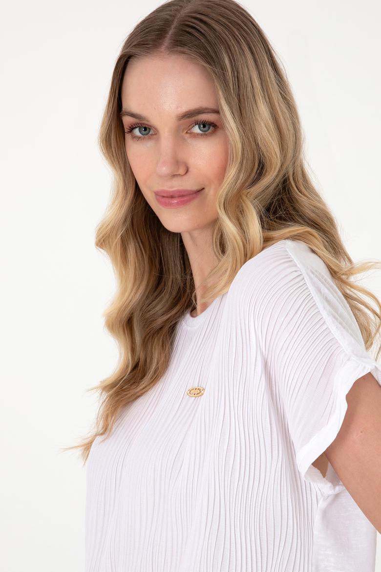 Kadın Beyaz Bisiklet Yaka Tişört - 50300776029