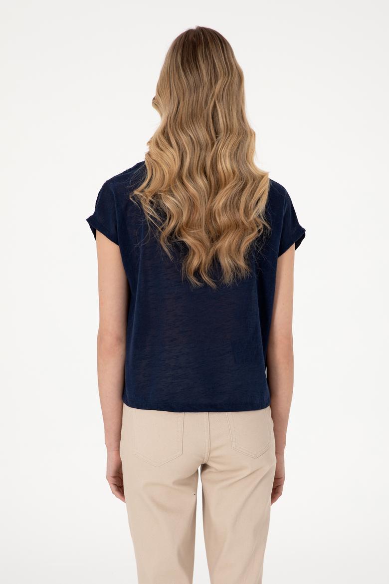 Kadın Lacivert Bisiklet Yaka Tişört - 50300776006