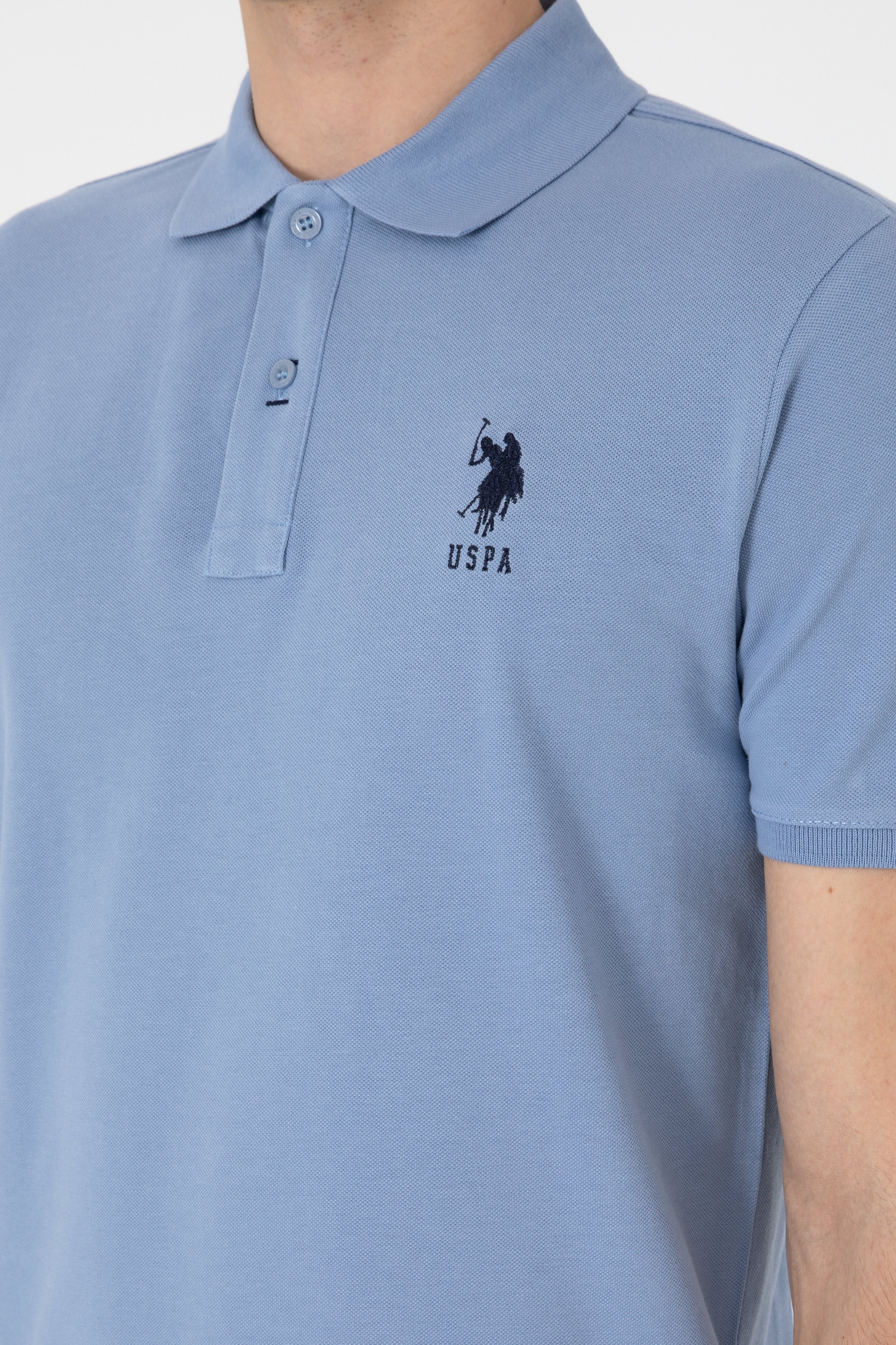 Erkek Slim Fit Polo Yaka Mavi Basic Tişört - Image 7