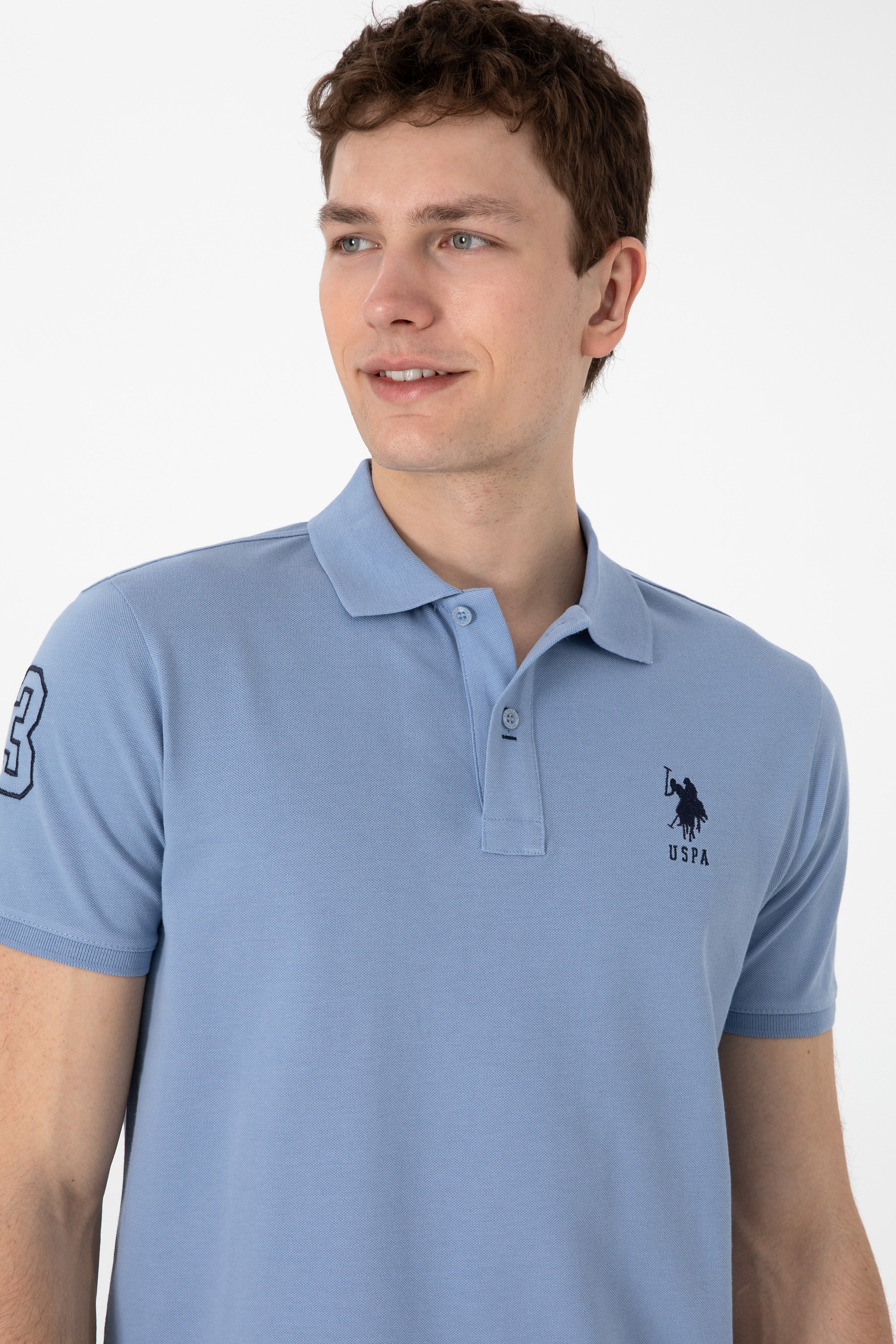 Erkek Slim Fit Polo Yaka Mavi Basic Tişört - Image 2