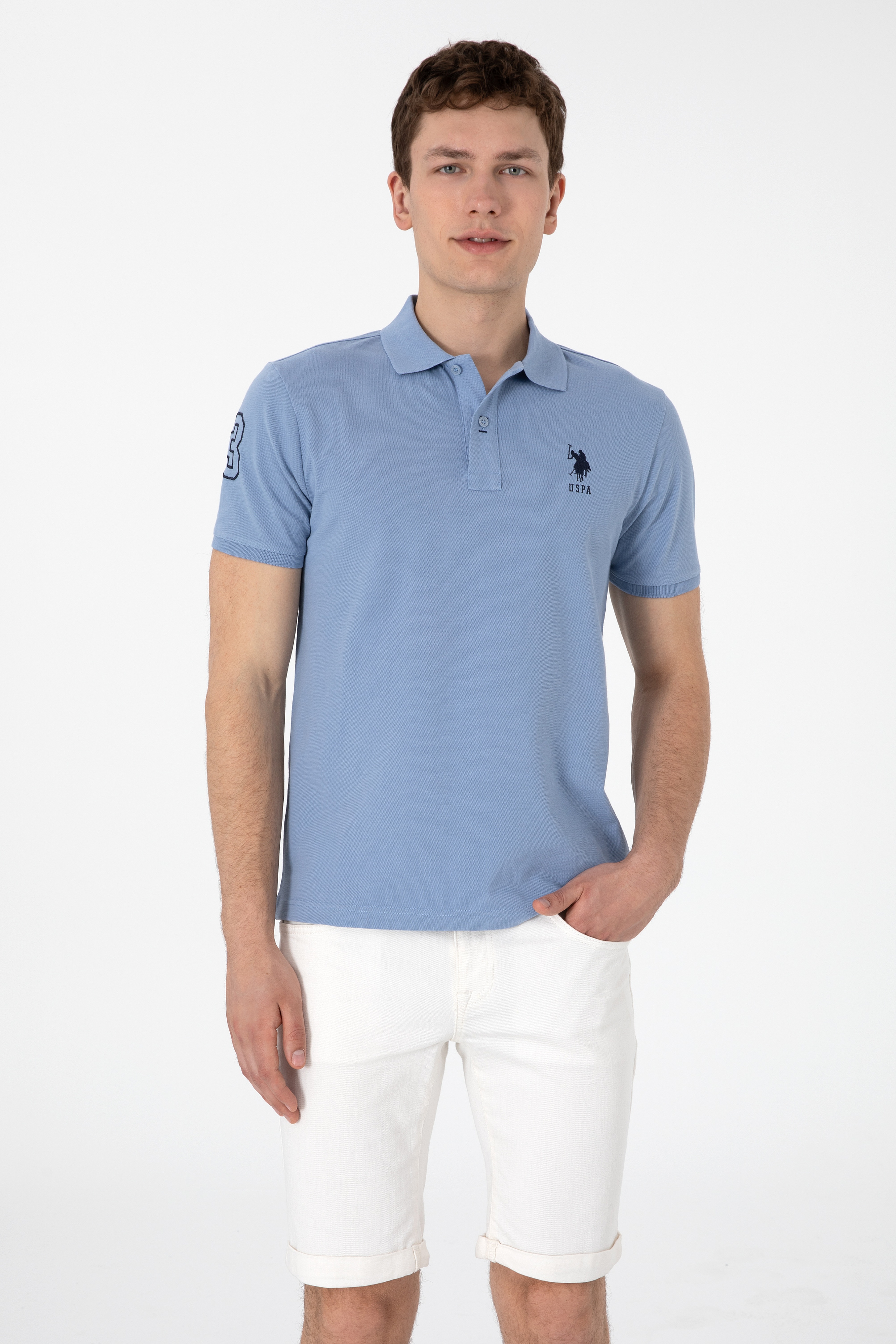 Erkek Slim Fit Polo Yaka Mavi Basic Tişört - Image 1