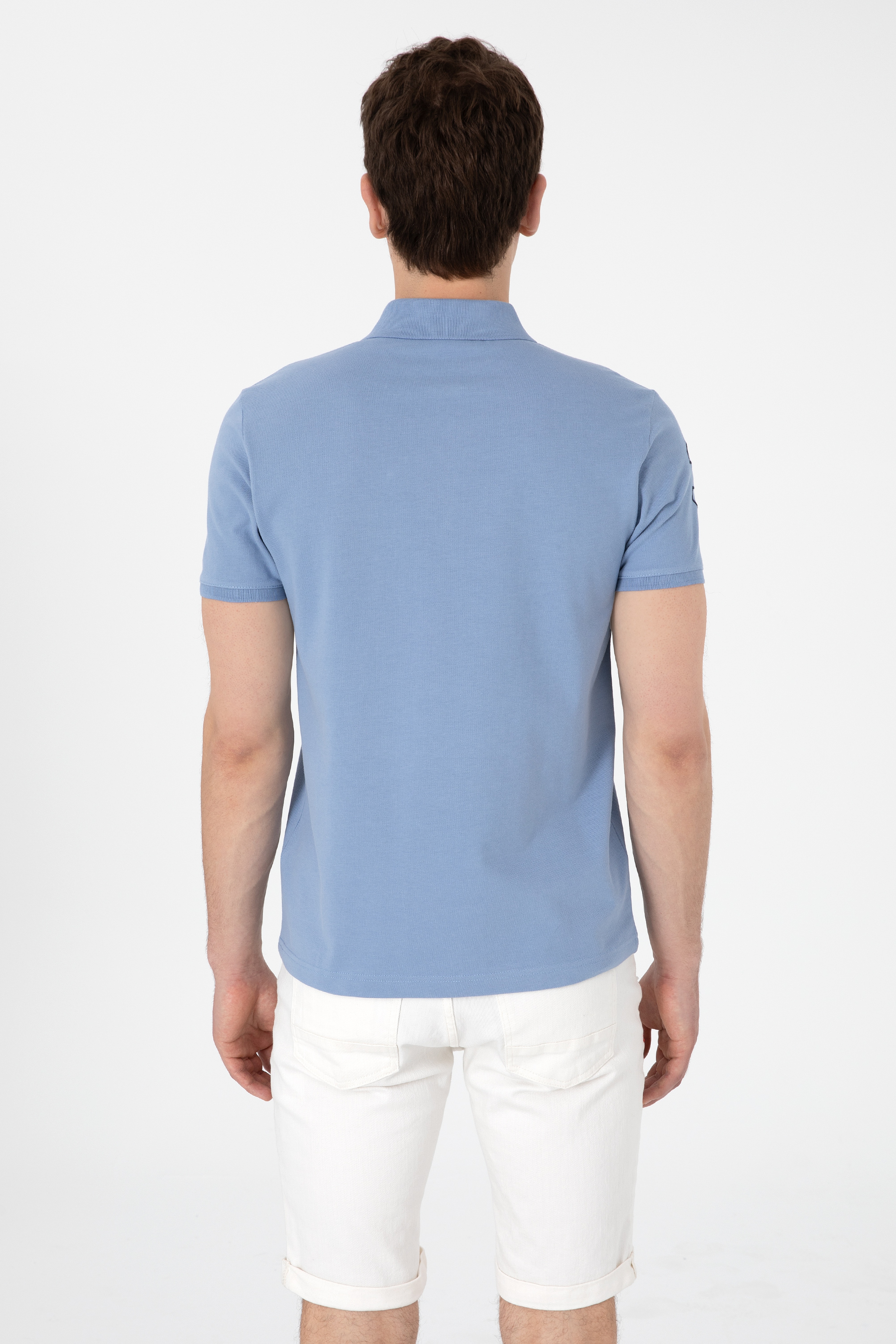 Erkek Slim Fit Polo Yaka Mavi Basic Tişört