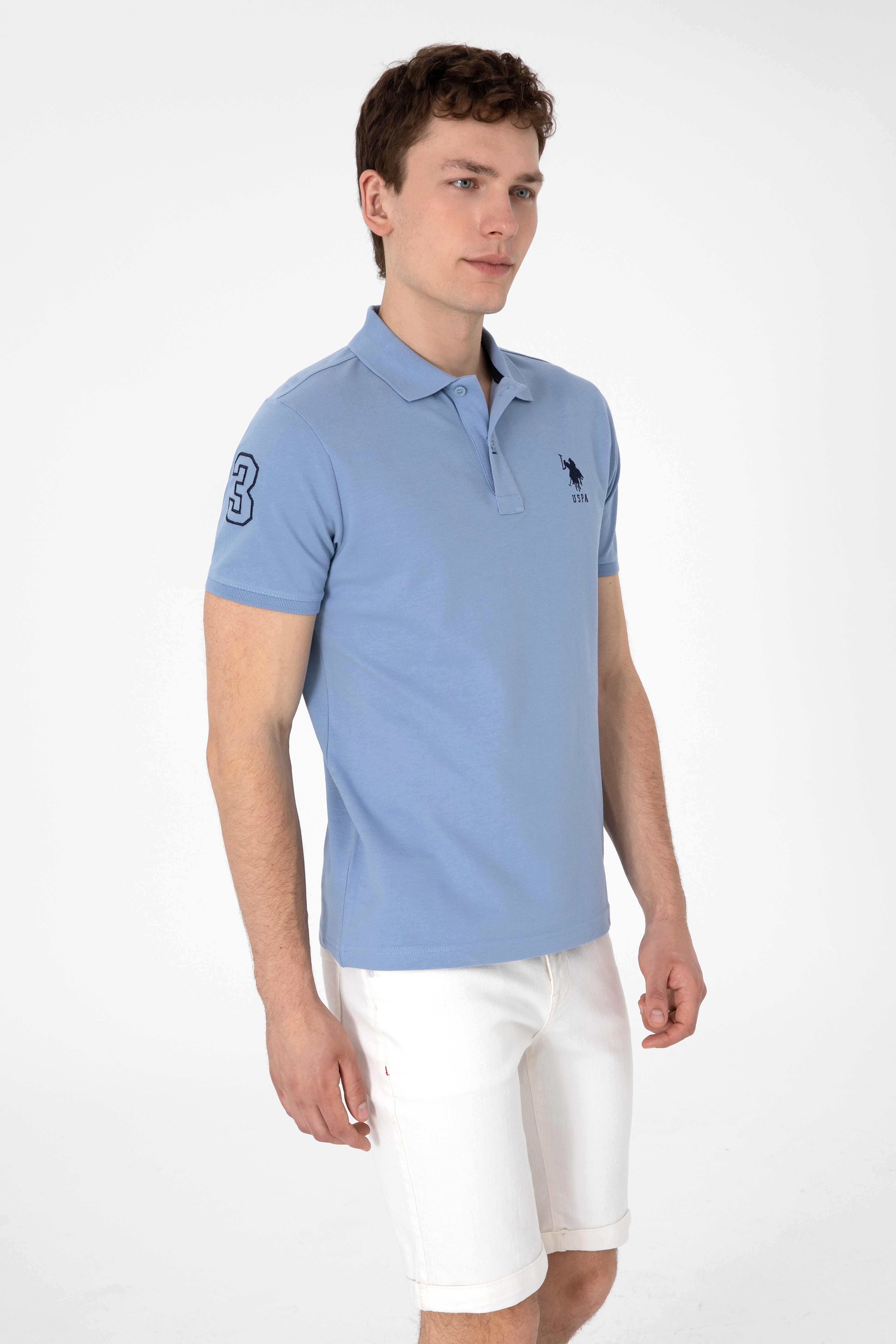 Erkek Slim Fit Polo Yaka Mavi Basic Tişört - Image 3