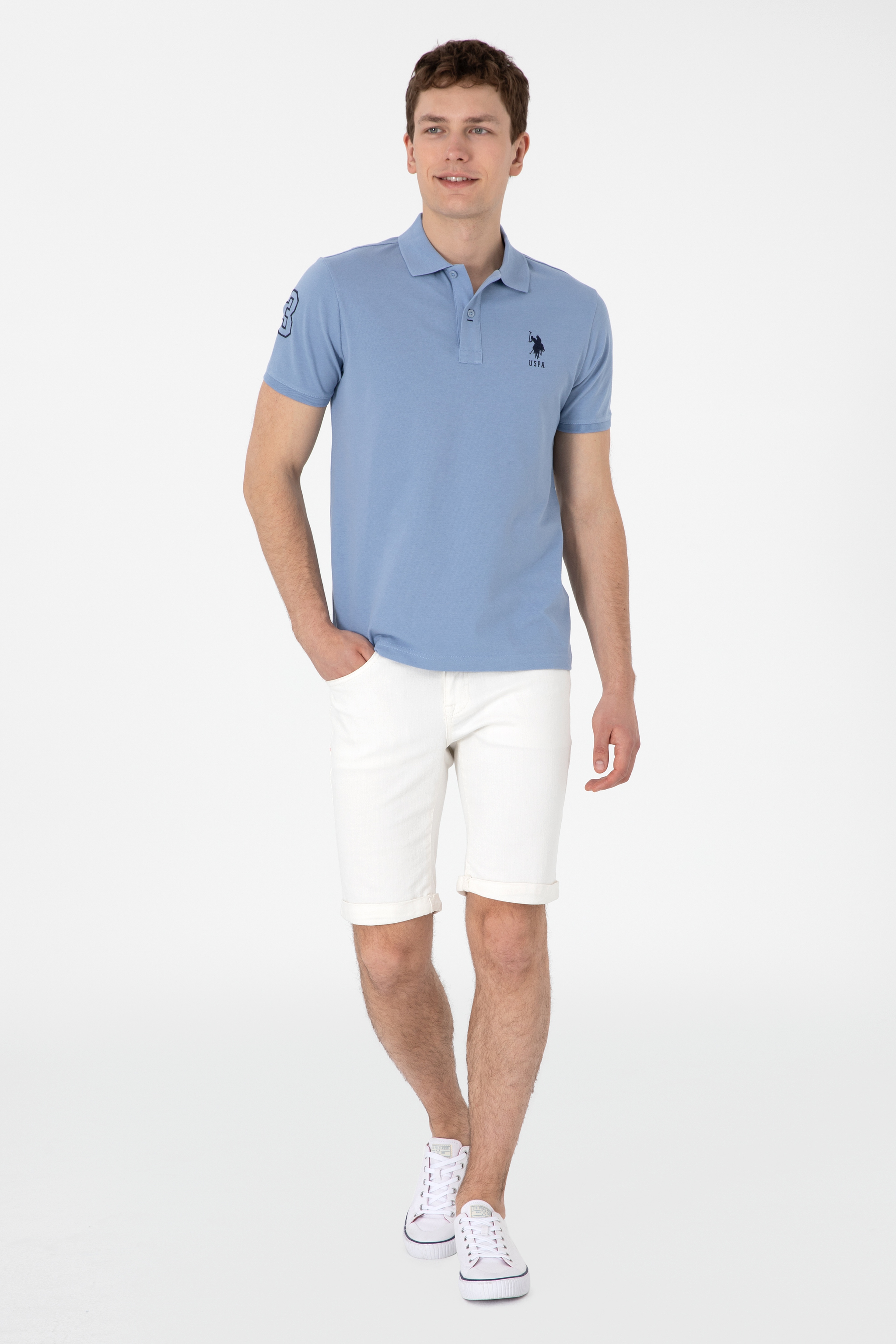 Erkek Slim Fit Polo Yaka Mavi Basic Tişört