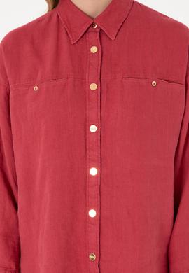 Kadın Vişne Uzun Kollu Keten Tunik Gömlek - 50305939021