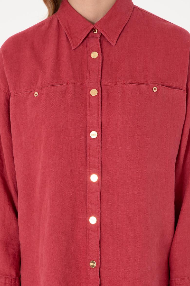 Kadın Vişne Uzun Kollu Keten Tunik Gömlek - 50305939021