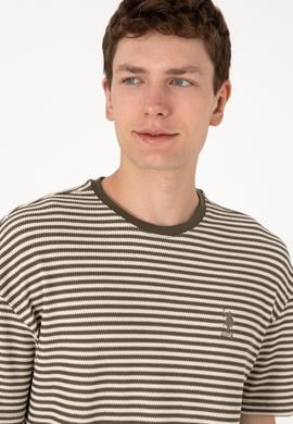 Erkek Comfort Fit Bisiklet Yaka Vizon Örgü Desenli Tişört - 50300153006