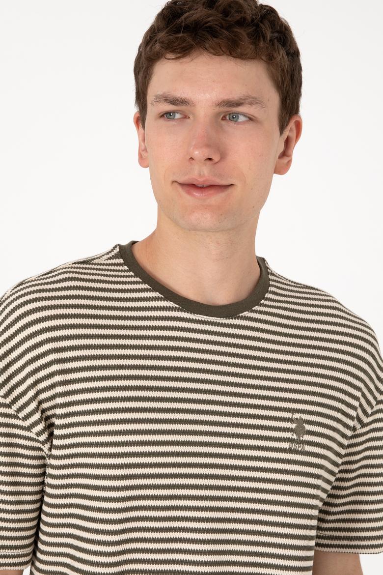 Erkek Comfort Fit Bisiklet Yaka Vizon Örgü Desenli Tişört - 50300153006