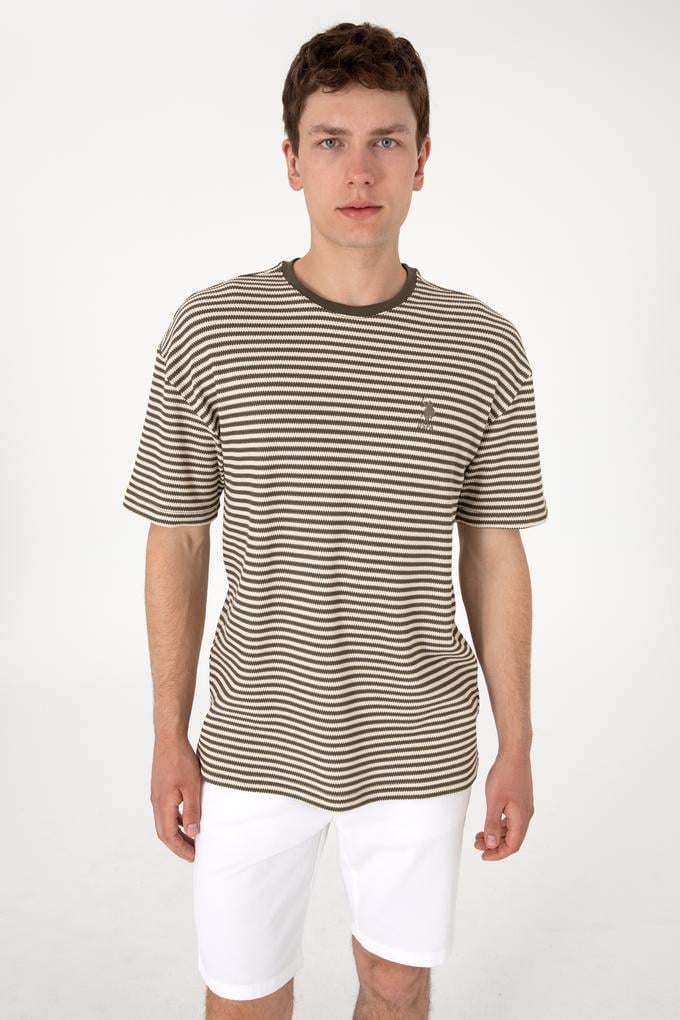 Erkek Comfort Fit Bisiklet Yaka Vizon Örgü Desenli Tişört