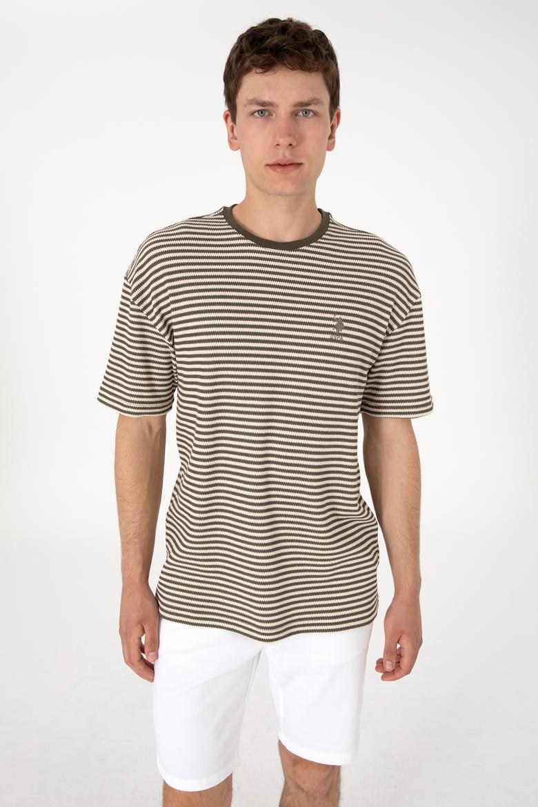 Erkek Comfort Fit Bisiklet Yaka Vizon Örgü Desenli Tişört