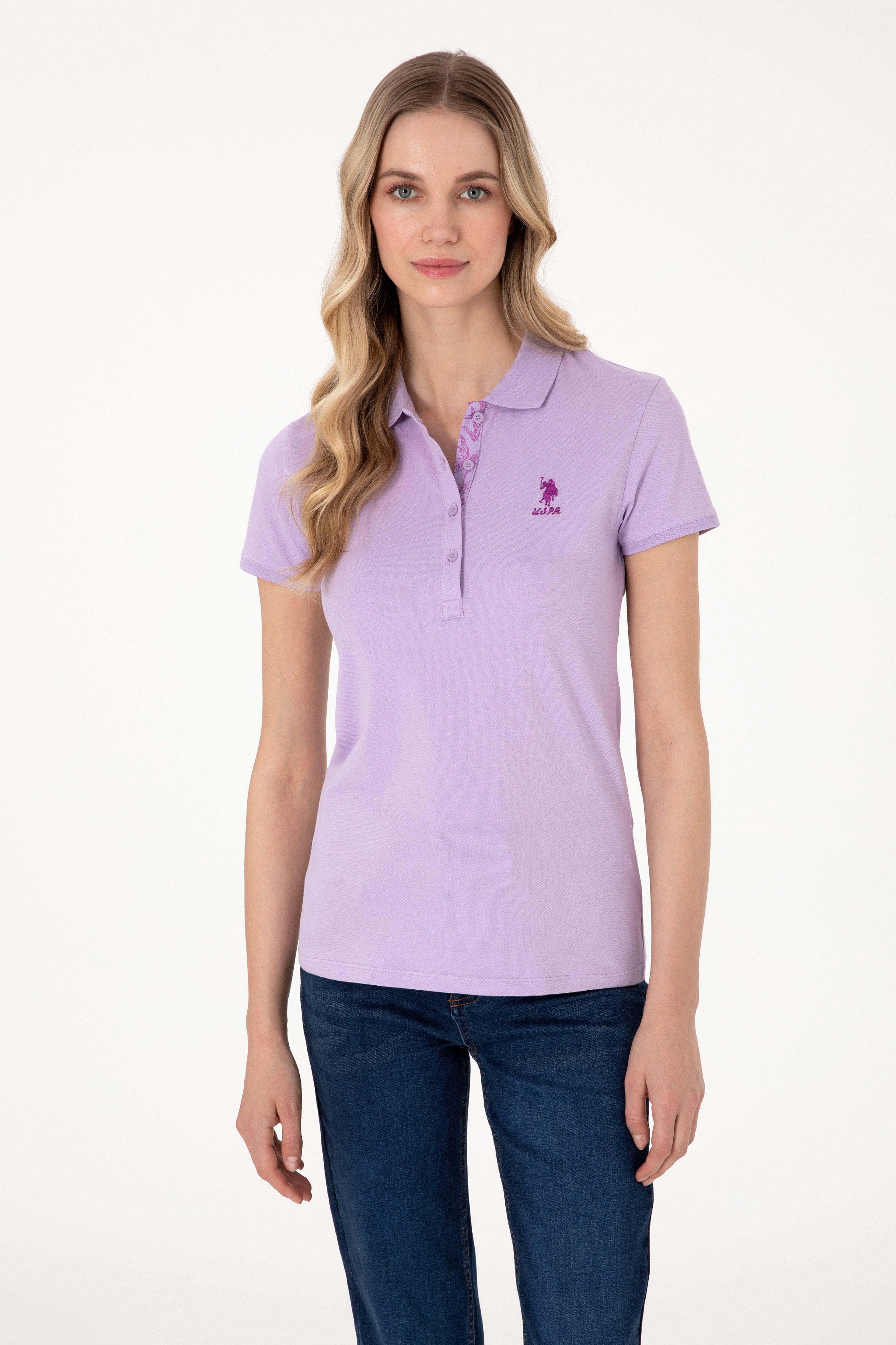 Kadın Lila Basic Polo Yaka Tişört - Image 1