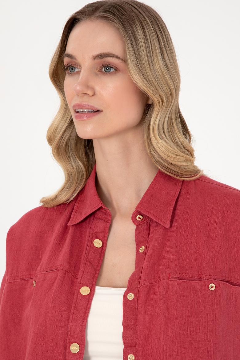 Kadın Vişne Uzun Kollu Keten Tunik Gömlek - 50305939021