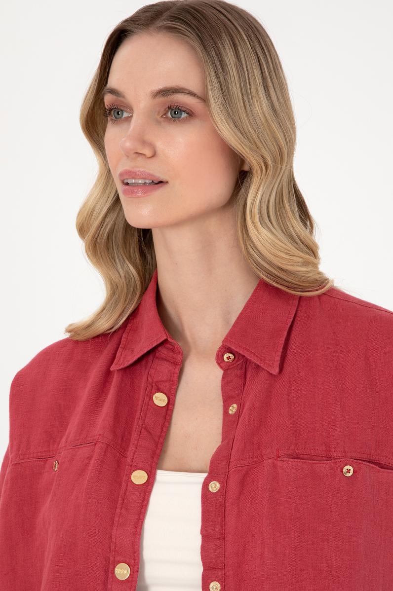 Kadın Vişne Uzun Kollu Keten Tunik Gömlek