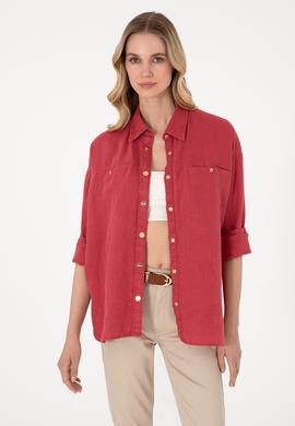 Kadın Vişne Uzun Kollu Keten Tunik Gömlek - 50305939021