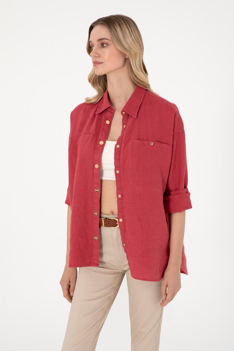 Kadın Vişne Uzun Kollu Keten Tunik Gömlek - 50305939021